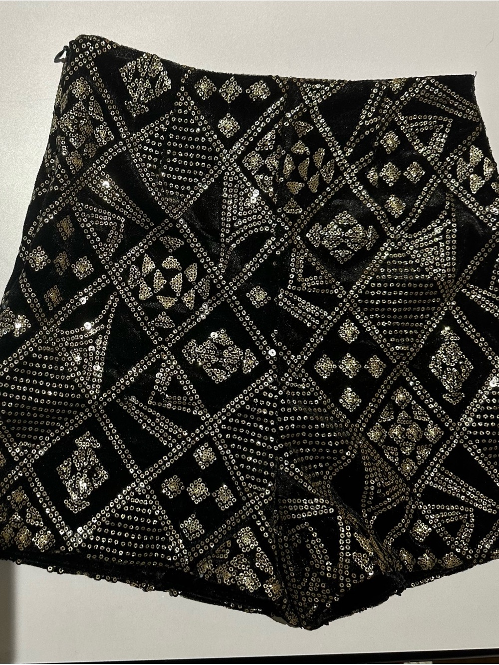 Zara Black Mini Shorts with Gold Sequined Geometric Pattern